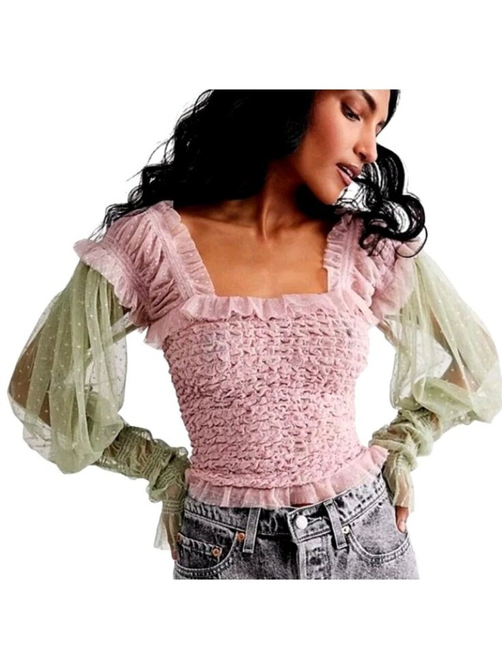 Free People Nothing Sweeter Top Sheer Mesh Romantic Smocked Pink Green - M Fairy